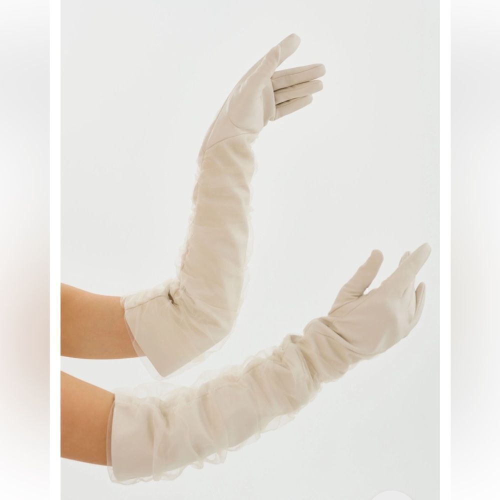 LaMarque Marilyn faux leather tulle gloves bone cream elbow length Revolve
